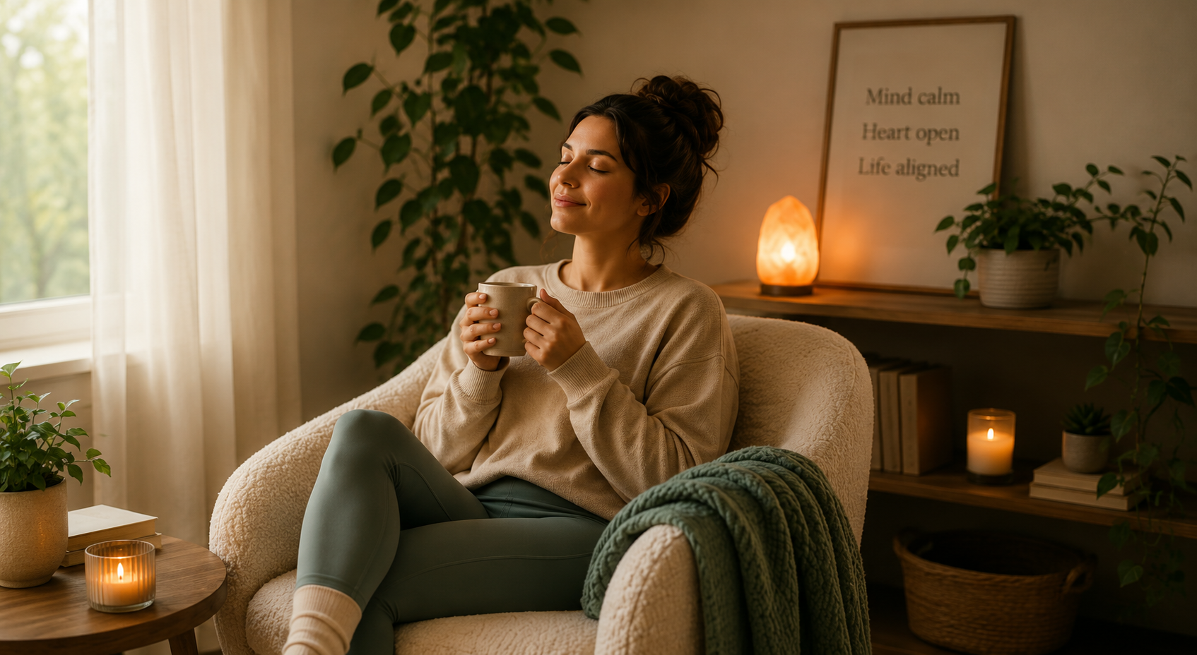 Woman relaxing during a guided self-hypnosis session