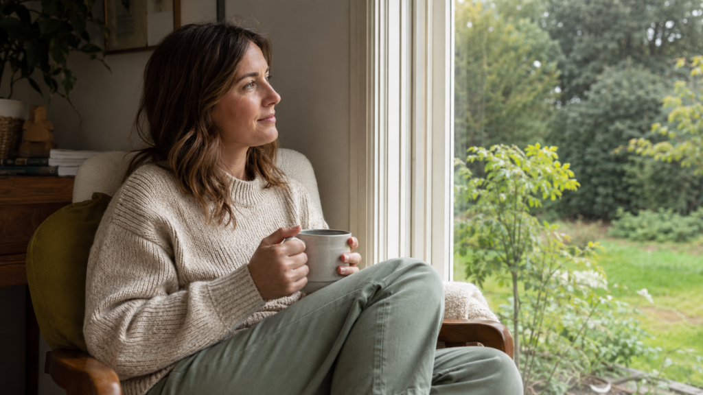 Woman reflecting quietly by a window with a cup in her hands