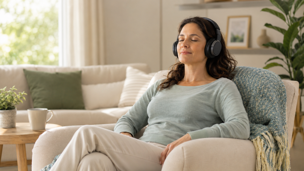 Woman relaxing with headphones during a self-hypnosis session