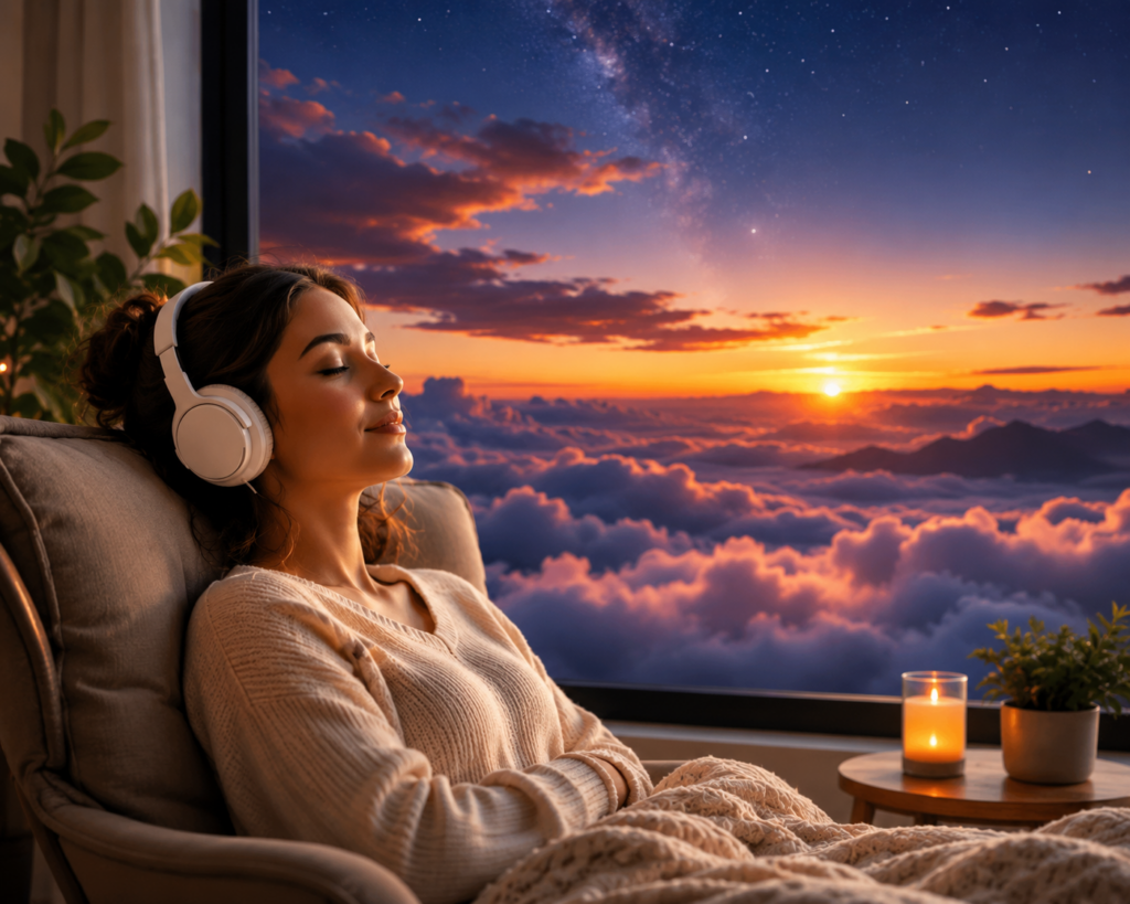 Woman listening to a guided self-hypnosis session