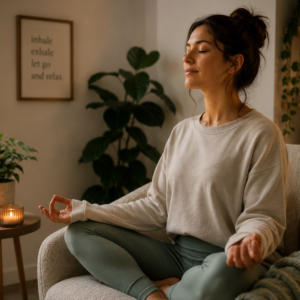 Woman practising calm meditation at home