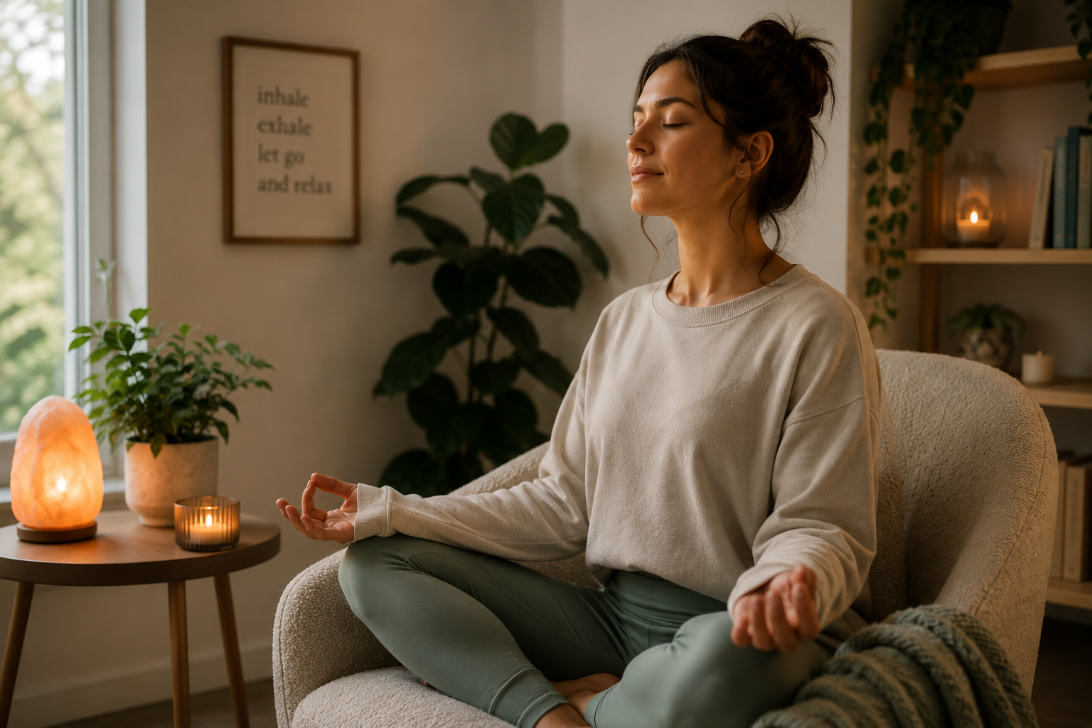 Woman practising calm meditation at home