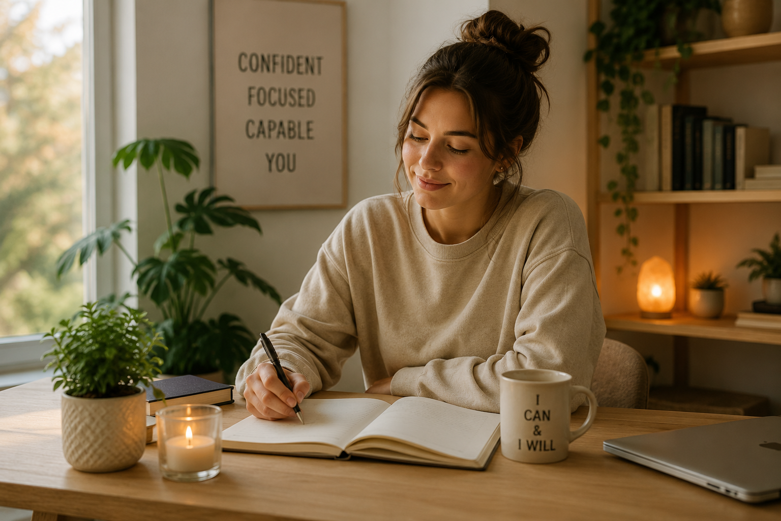Woman writing confidently in her journal