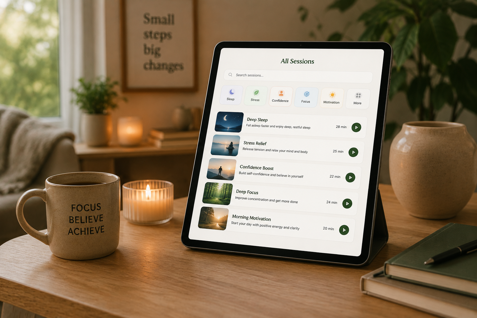 Tablet displaying a collection of guided self-hypnosis sessions